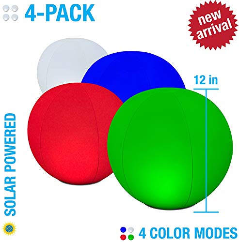 4-PK Floating Pool Lights, 12" Globes, 4 Color Settings, Solar LED Balls, Inflatable