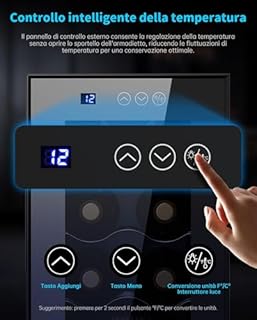 WIE Cantinetta Vino 12 Bottiglie, Raffreddamento Termoelettrico, Cantina Vino con LED Schermo tattile, Porta in Vetro a Specchio, 5 Ripiani Regolabili, Luce LED, 26 dB Basso Livello di Rumore, 33L