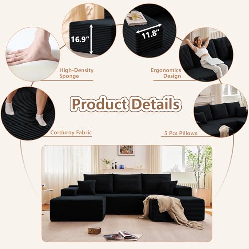 Image of 95 inch W Cloud Sectional Couch with Ottoman,Modern U-Shaped Cloud Couch with Deep Seat,Comfy Corduroy Sofa,Memory Foam Sofa for Living Room,No Assembly (Jet Black,Right-Facing Chaise)