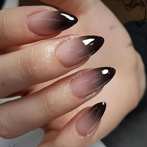 Vesavifaka Unhas postiças ombre pretas, unhas falsas de amêndoa curtas, unhas falsas góticas para manicure de Halloween, unhas postiças brilhantes de cobertura completa, para mulher, 30 peças