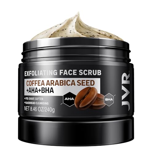 Image of JVR Face Scrub for Men, Facial Scrub for Deep Exfoliating, Cleansing Blackheads, Ingrown Hair, Pre-shave Soften, Organic Formulated with Coffee Extract, AHA and BHA Face Exfoliator (8.46 oz)