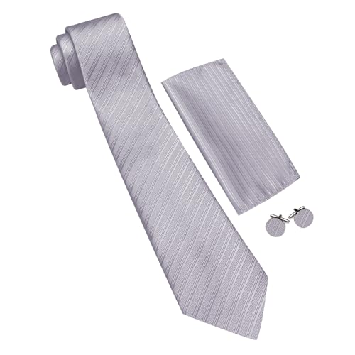 Image of Barry.Wang Solid Striped Tie for Men Silk Necktie Pocket Square Cufflinks Formal Wedding Party Business