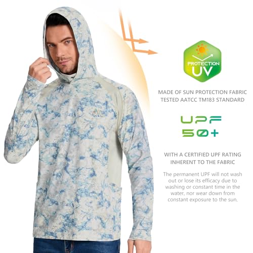 Image of Men's UPF 50+ Hoodie Shirt with Mask Long Sleeve Permanent UV Sun Protection Neck Gaiter Performance T for Outdoor