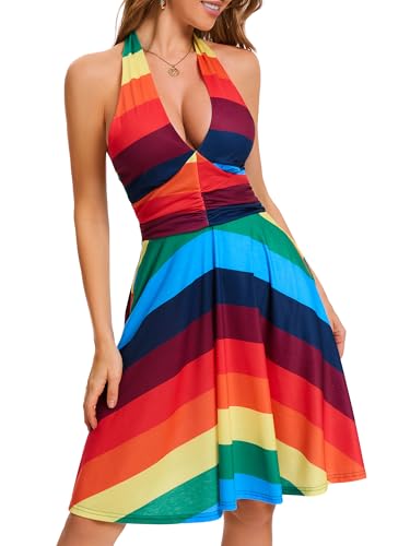 Image of Women's Summer Sundress- 2025 Sexy Halter Sleeveless Spring Boho Elastic Waist Ruffle Mini Dress