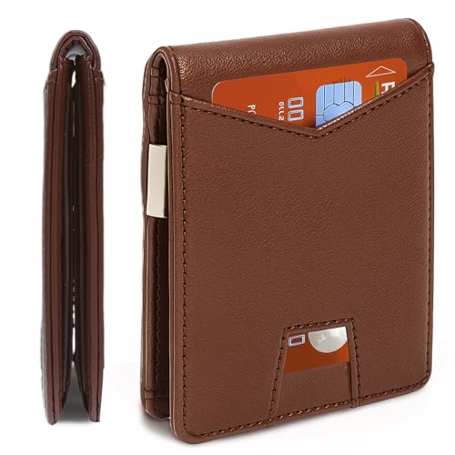 Slim Wallet for Men, Slim ＆ Stylish RFID Blocking Wallet with Money Clip & Easy-Grab Card Slot, Compact Bifold Minimalist Wallet for Front Pocket, Travel & Daily Use - Brown