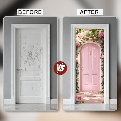 Image of Nuxovilar Pink Rose Door Stickers Peel Stick PVC 30.3x78.7 in Cover | Door Stickers Wall Decals Peel Stick Cover Vinyl Art Poster Bedroom Garden Room Home (Pink Rose)