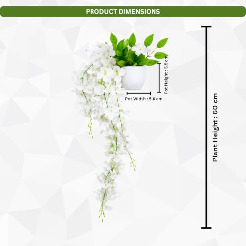 Image of fancymart Artificial Flower White Wisteria Hanging Plant with White Pot, 60 cm Height, Pack of 2, Realistic Floral Vine for Home, Office, Living Room & Wall Decor
