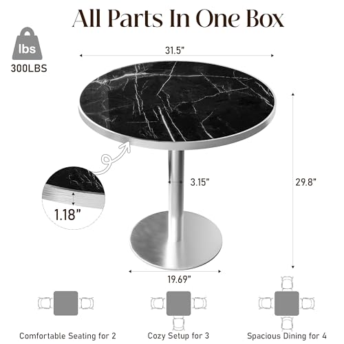 Image of 63 inch Tulip Table, Small Round Dining Table with 1.2 inch Thick Sintered Stone Tabletop and Silver Metal Pedestal Base, Bistro Table for Diner, Bar, Restaurant, kitchen, Bakery, Apartment (Marble Black)