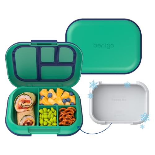 Bentgo Chill Kids Leakproof Lunch Box - 4-Compartment Bento Box with Built-In Ice Pack, 3.3 Cup Capacity, BPA-Free, Microwave & Dishwasher Safe Tray, Ages 3–7 (Green/Navy)
