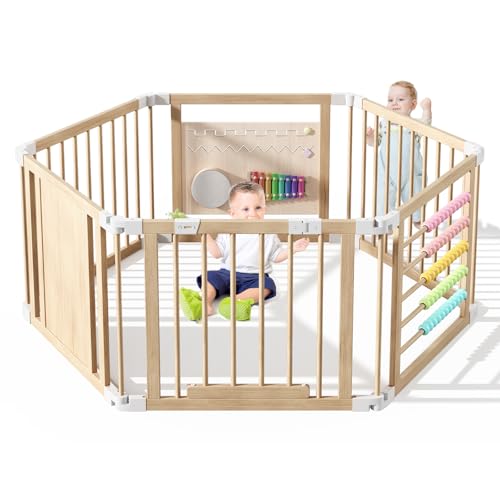 ZIKEBTUY Baby Playpen 160x80x61cm Wood Playpen Foldable Baby Fence fold Away Play Pen with Musical Toys and Door Portable Easy Assembly Playpens for Babys & Toddlers (S)