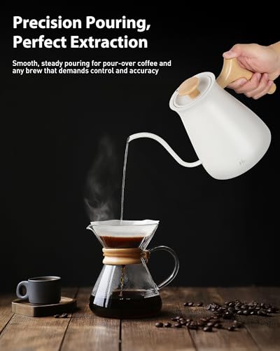 Image of Harriet Gooseneck Electric Kettle 1200W Fast Heat, 0.8L Stainless Steel, Precision Temp Control & Timer, Wood Handle