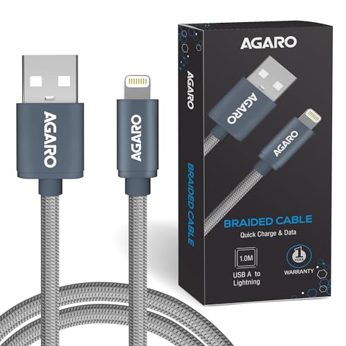 Image of AGARO 1M USBA to Lightning Cable, Unbreakable Nylon Braided Data Sync & Fast Charging Cable for iPhone, Ipad & iPod, Durable & Fast Charging iPhone Cable, Intelligent IC protection