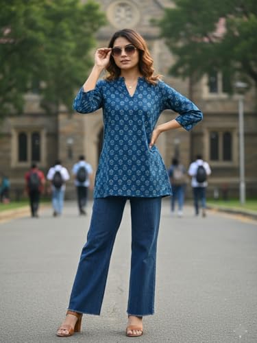 Image of Varanga Women Women's Blue Printed Tunic with 3 /4 Sleeves