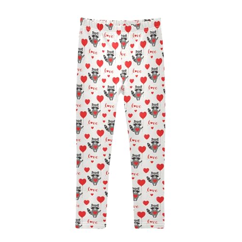 Raccoon Hearts Pattern Girls Leggings Soft Comfortable Athletic Leggings Dancing Pants for 4-10 Years