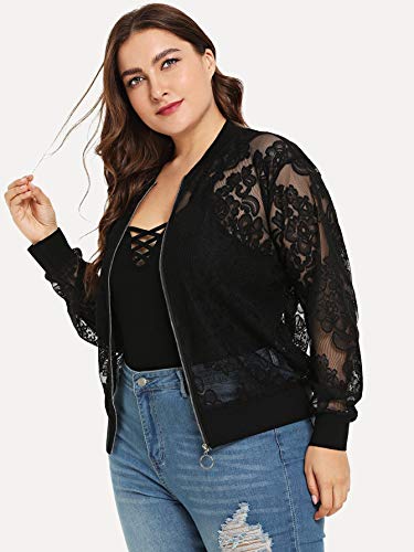 Floerns Women's Plus Size Sheer Floral Lace Long Sleeve Baseball Jacket3