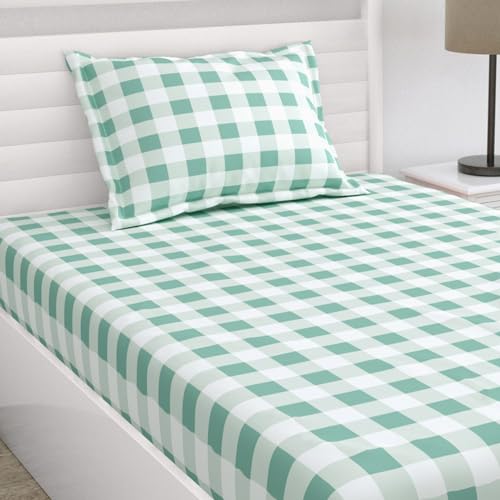 Image of Haus & Kinder 186 TC Bed Wrinkle-Free Glace Cotton Bedsheet with 1 Pillow Cover for Kids Room, Cottage Core Design - 88 x 57 Inches, Mint