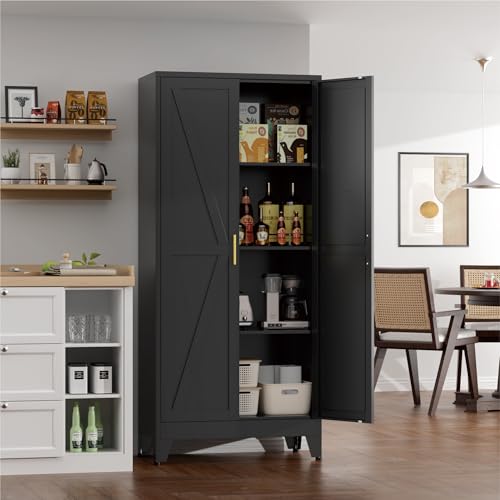 Image of Farmhouse Pantry Cabinet with Barn Doors,61 inch H x 27.5 inch W,Metal Cabinet with Adjustable Shelves,4-Tier Storage Cabinet for Kitchen Dining Room Garage Office,Black 1 Pack
