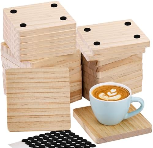 Dicunoy 20PCS Unfinished Wood Coasters, 4"x4" Square Thick Wooden Blanks for Craft, Round Corner Pyrography Laser Engraving Blanks Coasters with 80PCS Foam Knots for DIY, Architectural Models, Stained