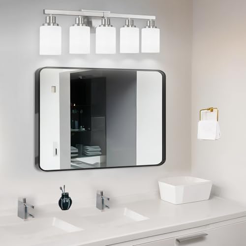 Image of 5-Light Bathroom Light Fixtures 30in Nickel Bathroom Vanity Light | White Frosted Ribbed Glass Shade Modern Bathroom Wall Lights over Mirror Farmhouse Wall Sconces for Bedroom E26 Base