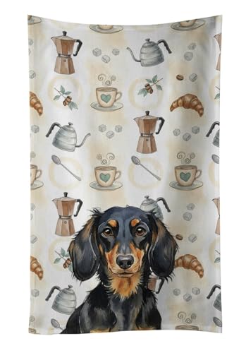 Caroline's Treasures Longhaired Black and Tan Dachshund Coffee Bar Kitchen Towel Velour Plush Front and Cotton Loop Back Machine Washable