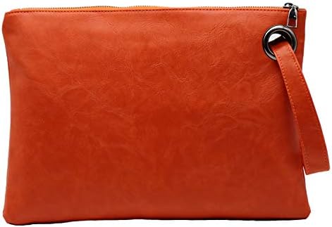 AMAZE Womens Oversized Clutch Bag Large PU Leather Pouch Evening Handbags Envelope Purse with Wristlet Shoulder Lady (Orange)