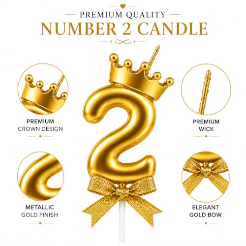 Image of Unscented Number Candles with Crown 3 inch for Birthday Parties, Wedding, Engagement, Celebrations, Theme Party, Bridal Shower, Bachelors Decoration, Gold (Numerical No 2)