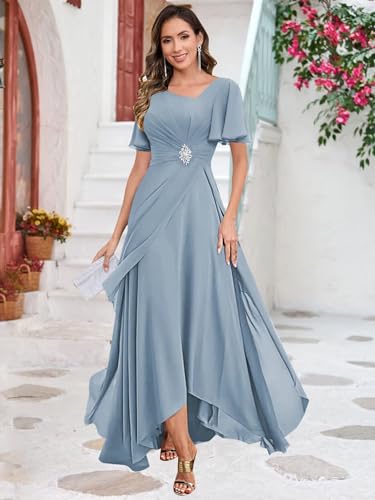 Tea Length Chiffon Mother of The Bride Dresses V Neck Ruffles Beaded A Line Formal Wedding Guest Dress3