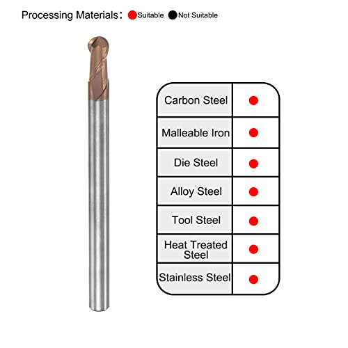 Image of uxcell Ball Nose End Mill 2mm Tip Radius Solid Carbide AlTiSin Coated CNC Router Bits 2 Flute Spiral Milling Cutter HRC55 with 4mm Shank 75mm (3-inch) Length