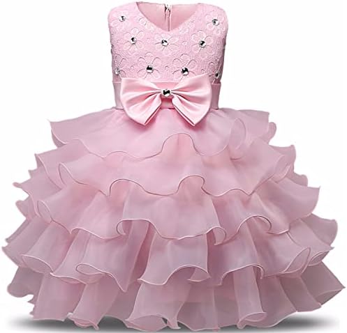 NNJXD Girl Dress Kids Ruffles Lace Party Wedding Dresses Size (110) 3-4 Years Pink