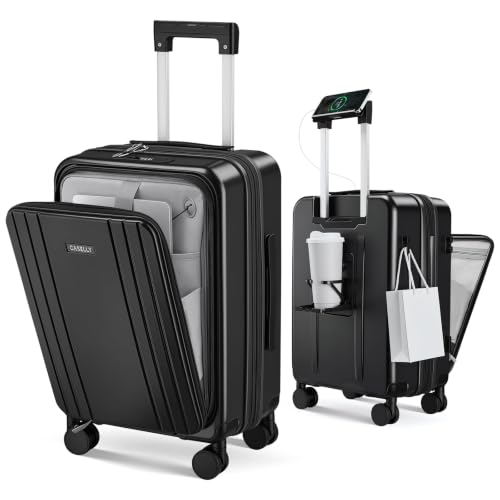 Image of Carry on Luggage Top opening Suitcases, Expandable with Cup&Phone Holder and USB Charging Port,Hardside with Front Pocket Rolling Suitcases with Spinner Wheels & YKK Zippers(Black, 20 Inch)
