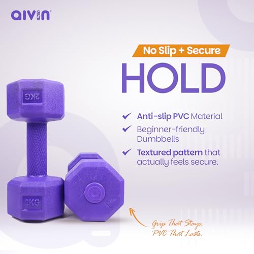 Image of AIVIN Coregrip 1.0 PVC Dumbbells I Set of 2 (2kg Each) I Hexagonal No-Roll Design with Easy-Grip Coating I Professional Home Gym Equipment for Strength Training, Pilates & Aerobics (Purple)
