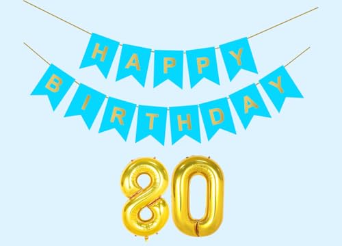 Image of 80th Sky Blue Happy Birthday Decoration Kit for 80 year Old Men Women with Number Eighty Party Decorations Decor Celebration Items Item Set Combo Reusable Paper Banner