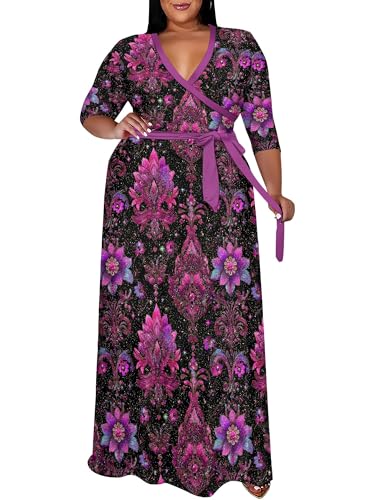 Image of SUZONANA Women's Plus Size Maxi Dresses Casual Loose Short Sleeve Long Maxi Dress with Belt Wedding