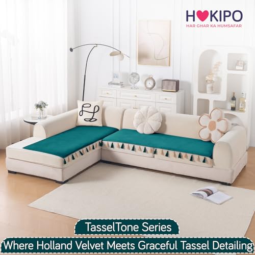 Image of HOKIPO Tassel Tone Holland Velvet Sofa Cover L Shape 4 Seater Mat, Teal