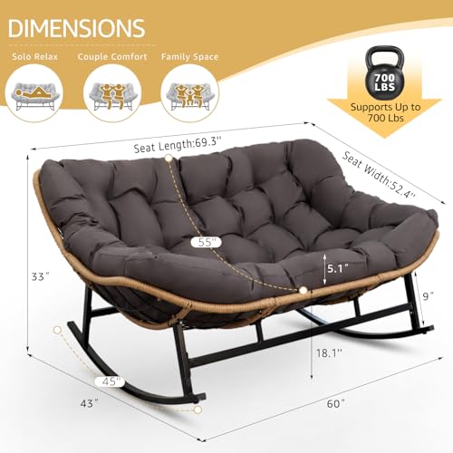 Image of NICESOUL Oversized Double Rocking Papasan Chair with Cushion, 2 Person Big Wicker Outdoor Comfy Recliner, Large Heavy Duty 700 lbs Loveseat for Patio, Balcony, Backyard (Grey, 2 Seats w /Ottoman)