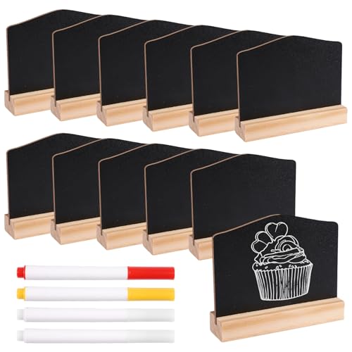 12 Piezas Pizarras Pequeñas de Doble Cara con 4 Tizas, 7,5 × 10 cm Tablero de Tiza Pequeña de Mesa con Soporte, Mini Letreros de Pizarra de Pie para Buffet, Restaurante, Tienda, Boda, Fiesta