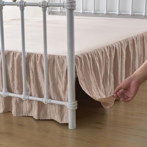 Bed Skirt Queen Size, Ruffled Bed Skirt with Split Corners, Bed Skirting Queen Size 12 Inch Drop with Platform, Striped, Boho, Pink-tinged Cream -12" Queen