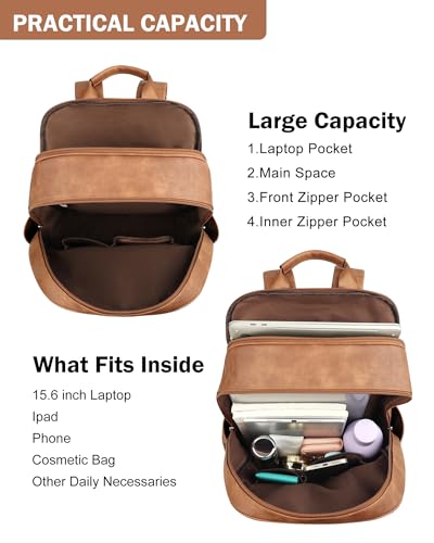 MASINTOR 15.6 inch Leather Laptop Backpack Purse for Women, Designer Travel and Work Bag with Laptop Compartment Mocha Brown3