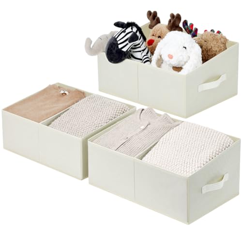 Image of DIMJ Closet Storage Bins, 3 Pack Foldable Closet Organizers and Storage, Fabric Storage Bins for Shelves, Trapezoid Storage Basket for Clothes, Toys, Towel, Books (Beige)