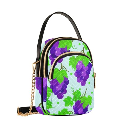 Purple Grape Green Leaves Pastel Women Shoulder Purses Phone Bags with Chain Strap Floral Print Zipper Crossbody Bowler Bag, 5.9" × 8.3" × 3.1"2
