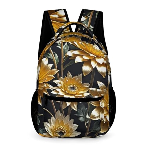 Gold Flowers on Black Backpack for Men Women, Durable Small Backpack Casual Lightweight Daypack for Travel Bag