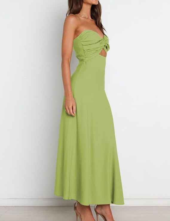Image of Women Strapless Twist Front Midi Linen Cutout Wedding Guest Dress | Sexy,Sweetheart Neckline,Tube,Long,2026 Summer,Vacation,Formal,Cocktail,Bridesmaid,Party,Baby Shower,Beach,Elegant,Evening
