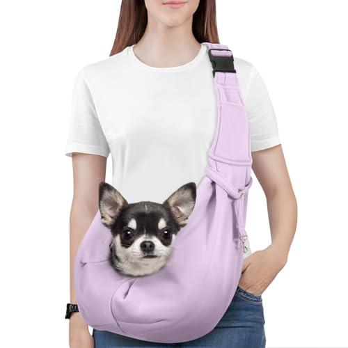 Pawaboo Borsa a Tracolla per Cani con Fibbia Regolabile Portacarte a Mani Libere, Trasportino per cani Guinzaglio di Sicurezza per Cuccioli e Gatti, Tracolla Extra Larga Porta-Animali, Viola Chiaro