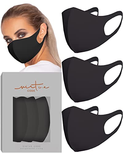 VIRTUE CODE Grayscale in Black Cloth Face Mask for Adults Pack. 3 Loungewear Masks Washable Fabric – Black Face Mask Reusable. Stretchy, Comfortable, Fresh Facemask.