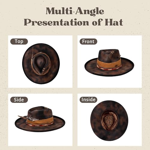 Image of RUEDIGER Vintage Pencil Brim Fedora Hats 100% Wool Felt Hat Panama Rancher Hat with Lightning Logo Handmade Distressed /Burned