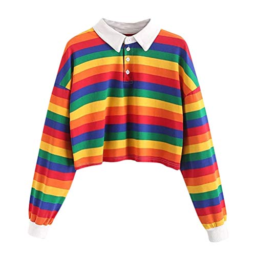 ORANDESIGNE Damen Gestreift Sweatshirt Regenbogen Gestreift Langarmshirt Drop Schulter Mehrfarbig Gestreiften Crop Tops Pullover Bluse A Rot S