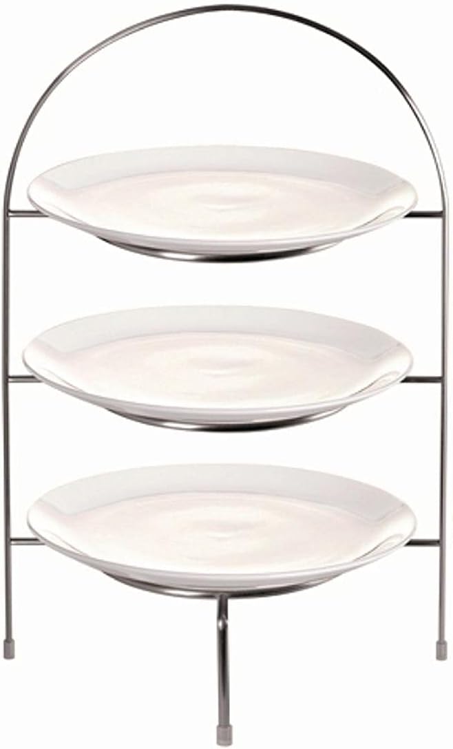 Olympia Afternoon Tea 3-Tier Stand for Plates Up To 21 cm/8.25 inch, Chrome, Size: 380(H) mm x 240(W) x 205(D) mm, Plate Ring 15.5 cm, Non-Slip Foot Bungs, CL571