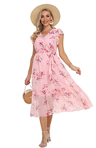 Image of VintageClothing Womens Sundress Casual Floral Summer Boho Dress | Flowy Wrap V Neck Ruffle A-Line Pleated Hem Midi Dresses