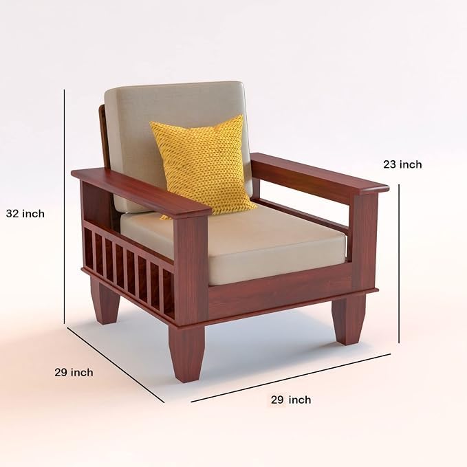 Image of Sheesham Wooden 1 Seater Sofa for Living Room | Rosewood 1 Seater Cushion Sofa with Side Newspaper Holder for Home & Office | Solid Wood Sofa Set for Lounge (Mahogany)
