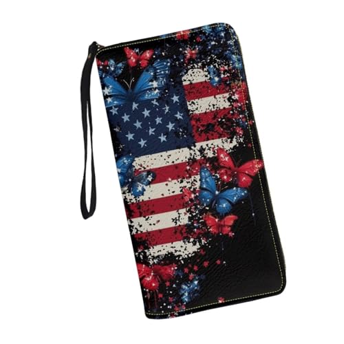 American Flag Butterfly Wallets Long Purse for Women Leather RFID Blocking Credit Card Holder Clutch Bag